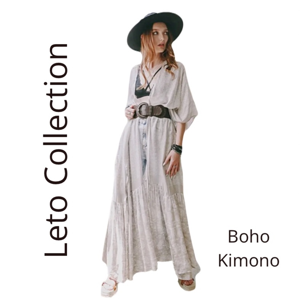 Boho Airy Paisley Drape Kimono in Gray Cover Up Viscose